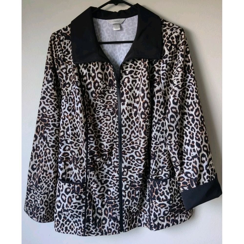 CJ Banks Zip Front Leopard Animal Print Jacket Size X Pockets Black Turn‎ Cuffs
